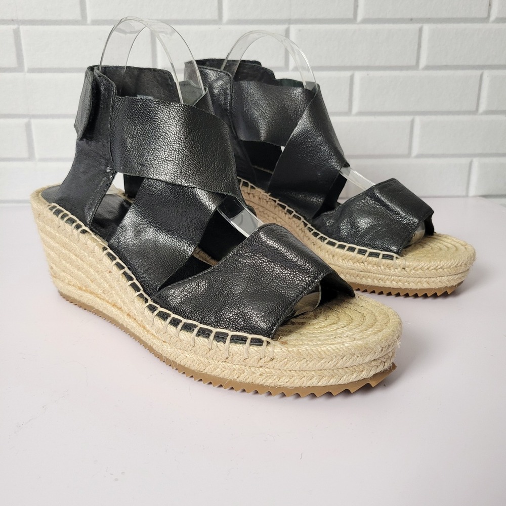 Eileen Fisher Willow Espadrille Wedge Sandals 9.5 Black Leather Minimalist